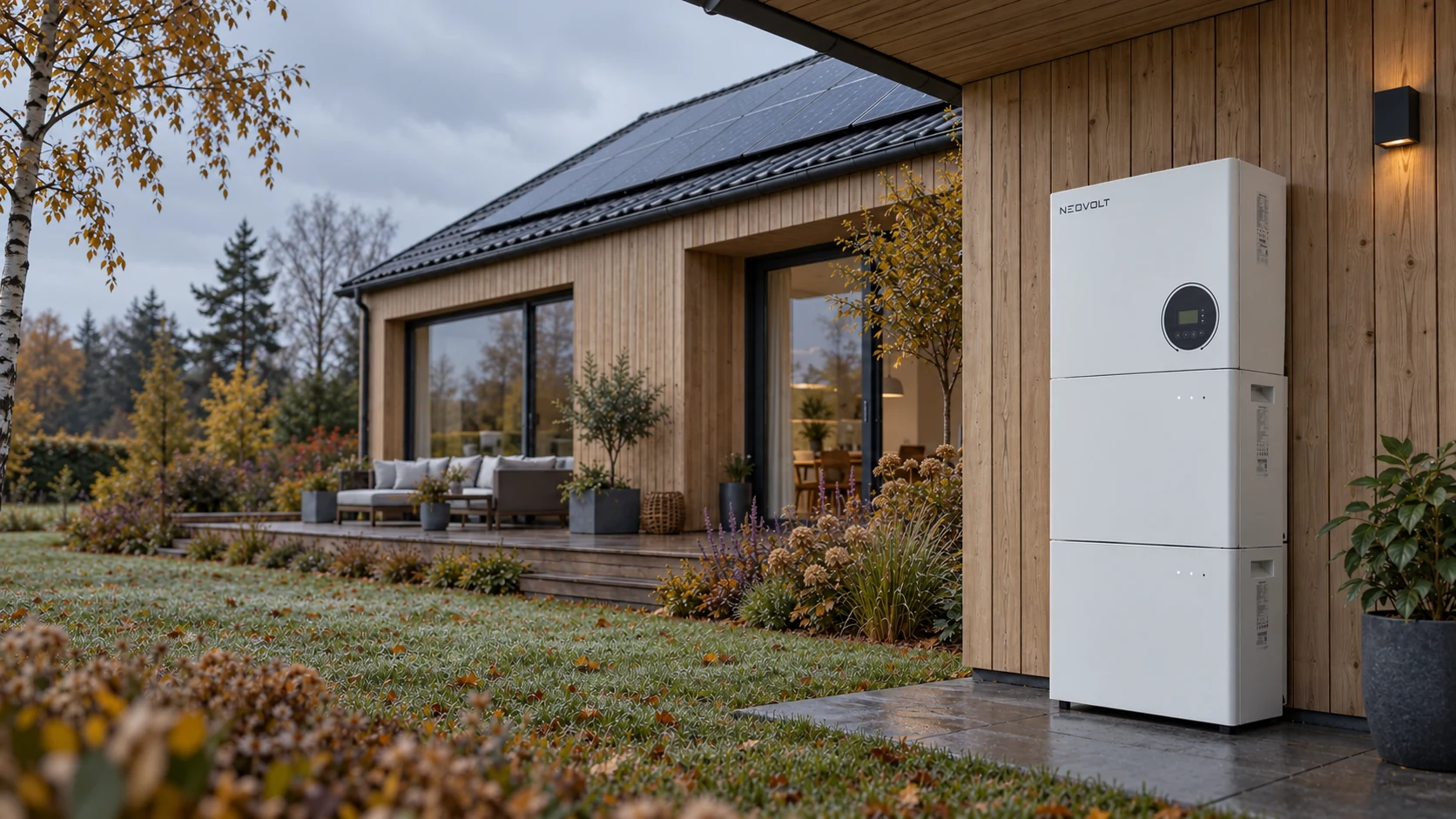 A Neovolt home battery beside a timber house with solar panels