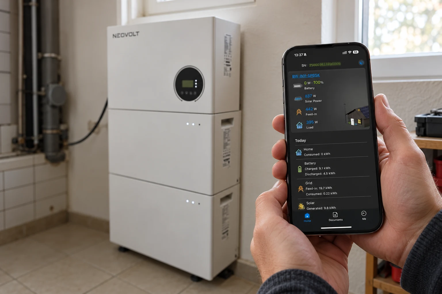 Illustratiivne foto kätes hoitavast telefonist Neovolti rakendusega Neovolti akusüsteemi kõrval